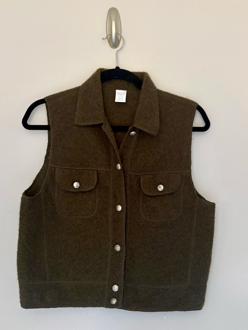 Vintage Lands’ End Boiled Wool Vest Olive Green Utility Military Layer 90s - 6